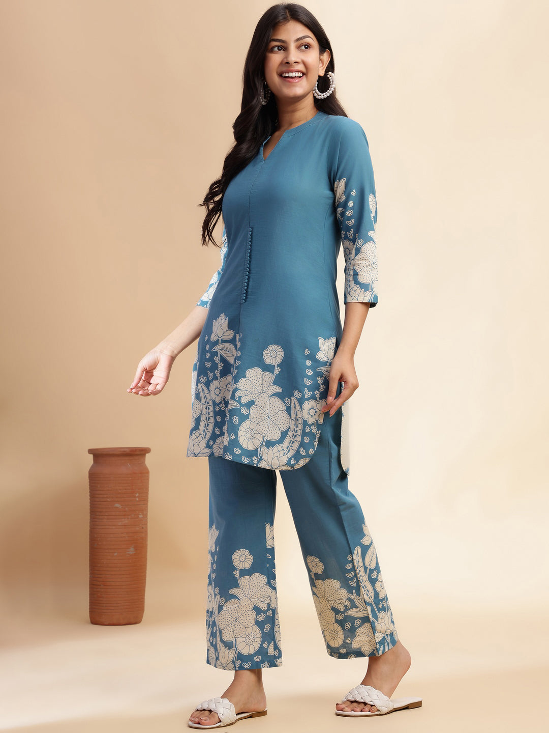 Aqua Blue Cotton Floral Printed Straight Co-Ord Set