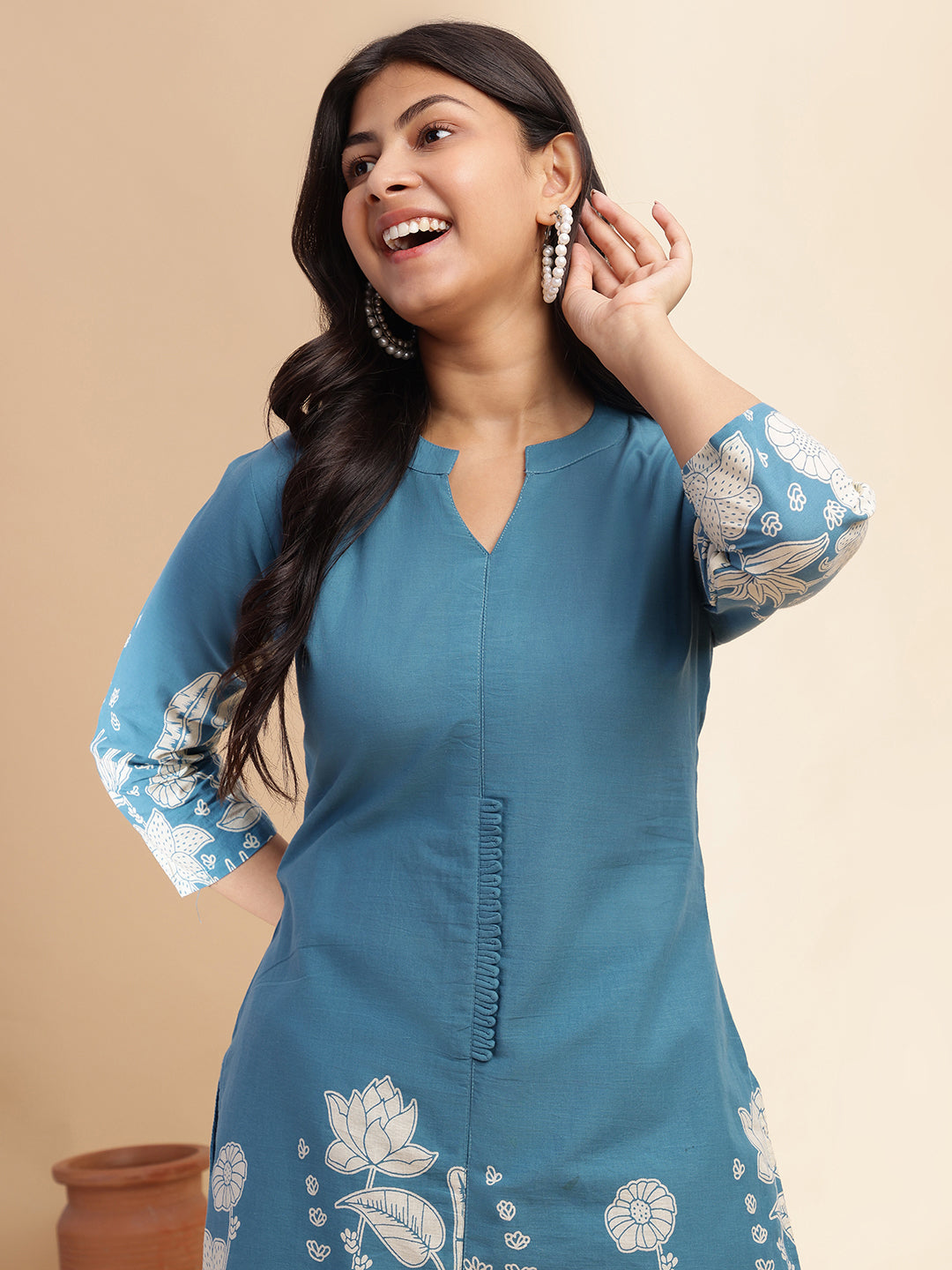 Aqua Blue Cotton Floral Printed Straight Co-Ord Set