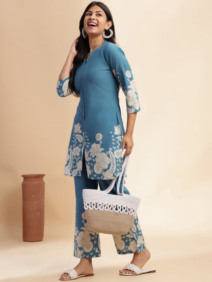 Aqua Blue Cotton Floral Printed Straight Co-Ord Set