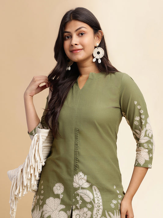 Mehendi Green Cotton Floral Printed Straight Co-Ord Set