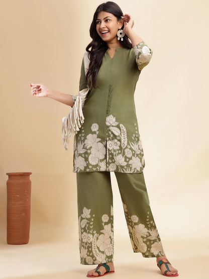 Mehendi Green Cotton Floral Printed Straight Co-Ord Set