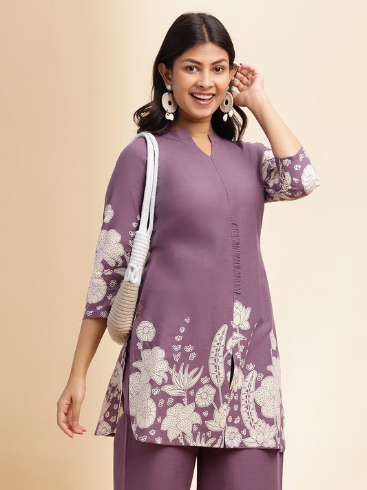 Lavender Cotton Floral Printed Straight Co-Ord Set
