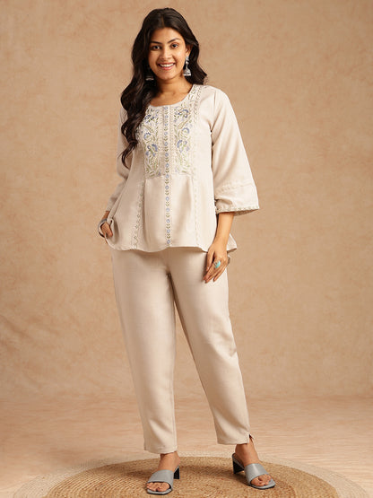 Off-White Linen Embroidered A-Line Co-Ord Set