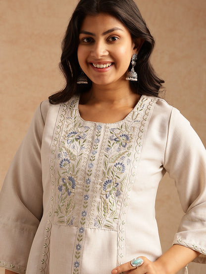 Off-White Linen Embroidered A-Line Co-Ord Set