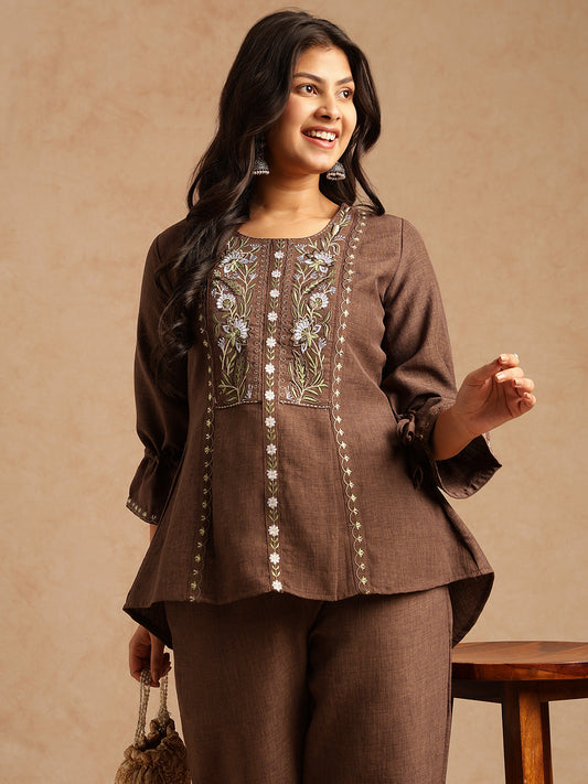 Brown Linen Embroidered A-Line Co-Ord Set