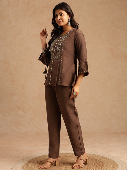 Brown Linen Embroidered A-Line Co-Ord Set