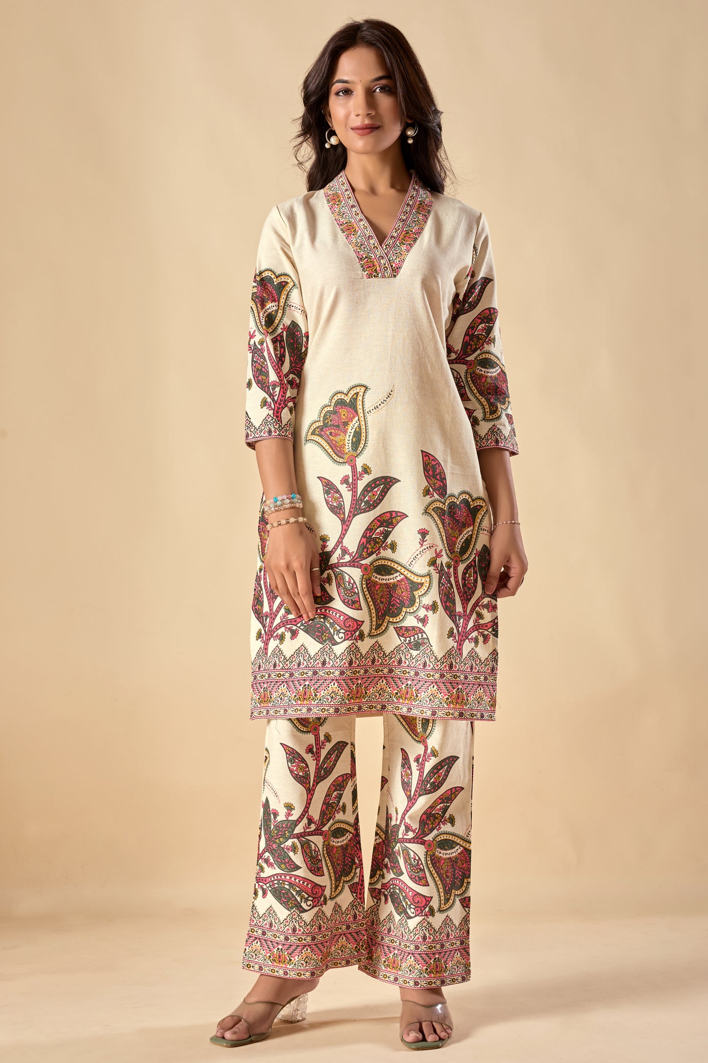 Off-White Floral Print Straight Khadi Cotton Stitched Kurta Set
