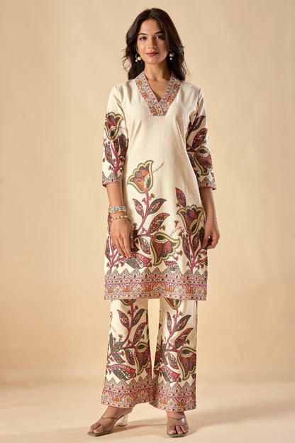 Off-White Floral Print Straight Khadi Cotton Stitched Kurta Set
