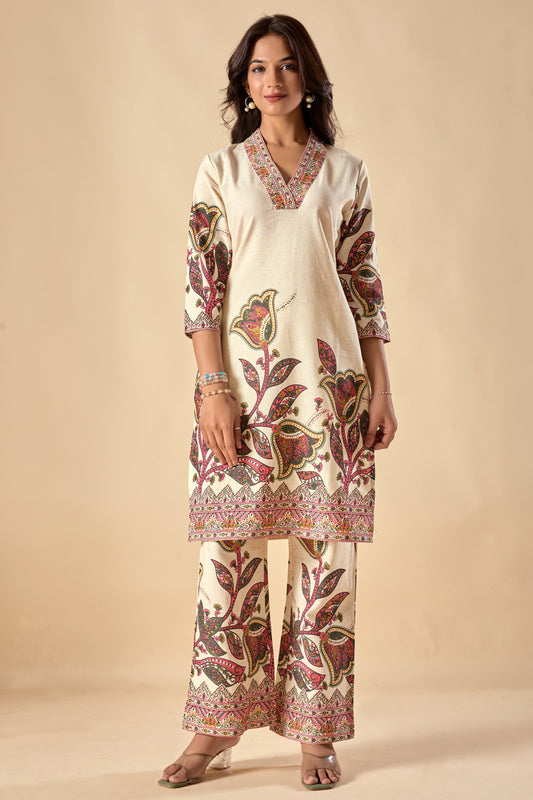 Off-White Floral Print Straight Khadi Cotton Stitched Kurta Set
