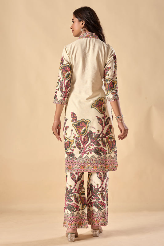 Off-White Floral Print Straight Cotton Stitched Kurta Set
