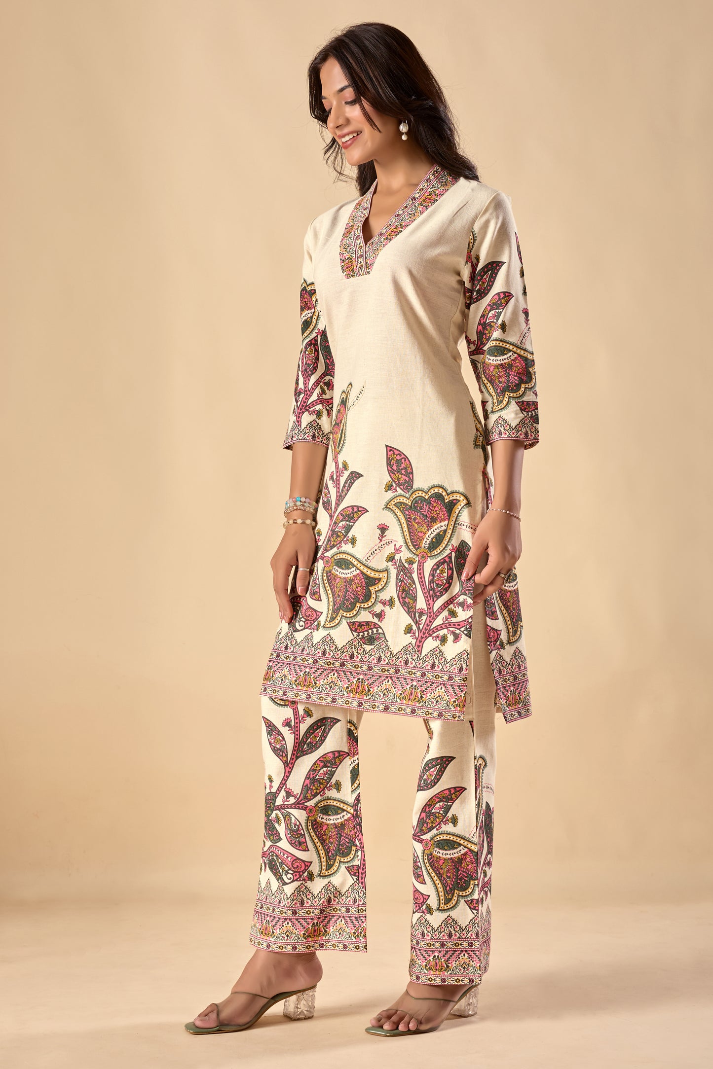 Off-White Floral Print Straight Khadi Cotton Stitched Kurta Set