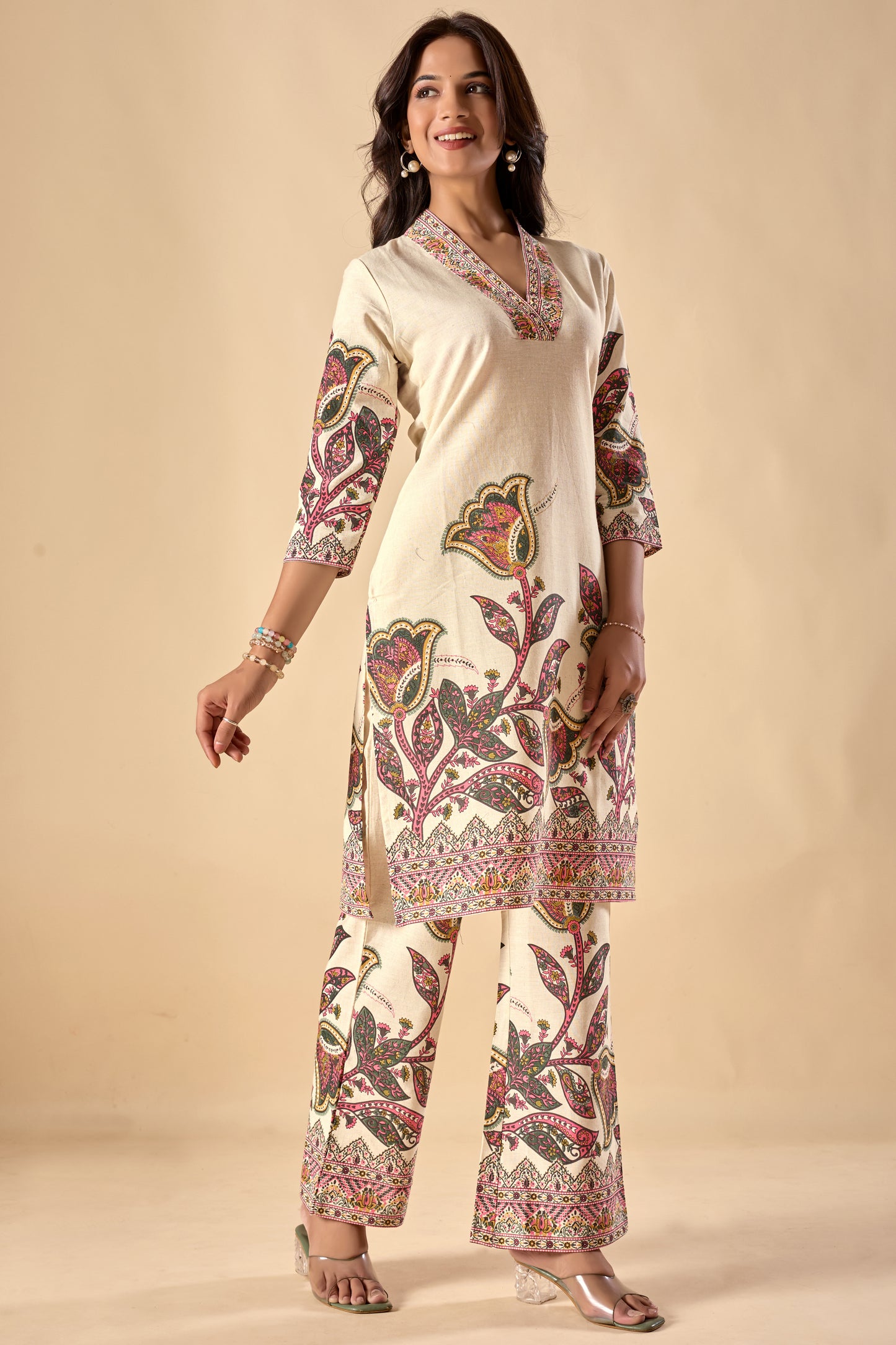 Off-White Floral Print Straight Khadi Cotton Stitched Kurta Set