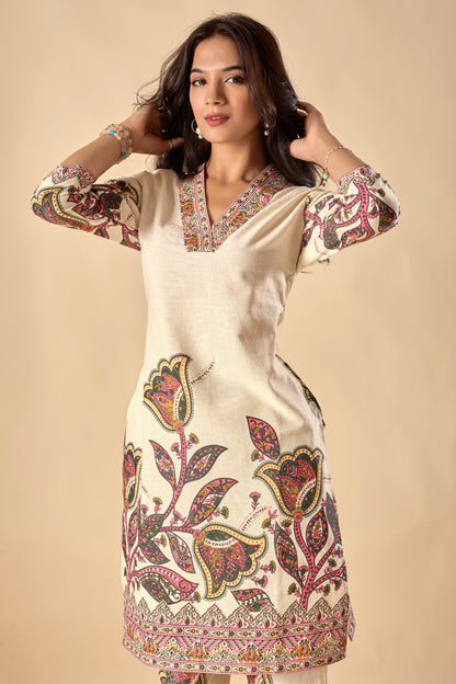 Off-White Floral Print Straight Khadi Cotton Stitched Kurta Set