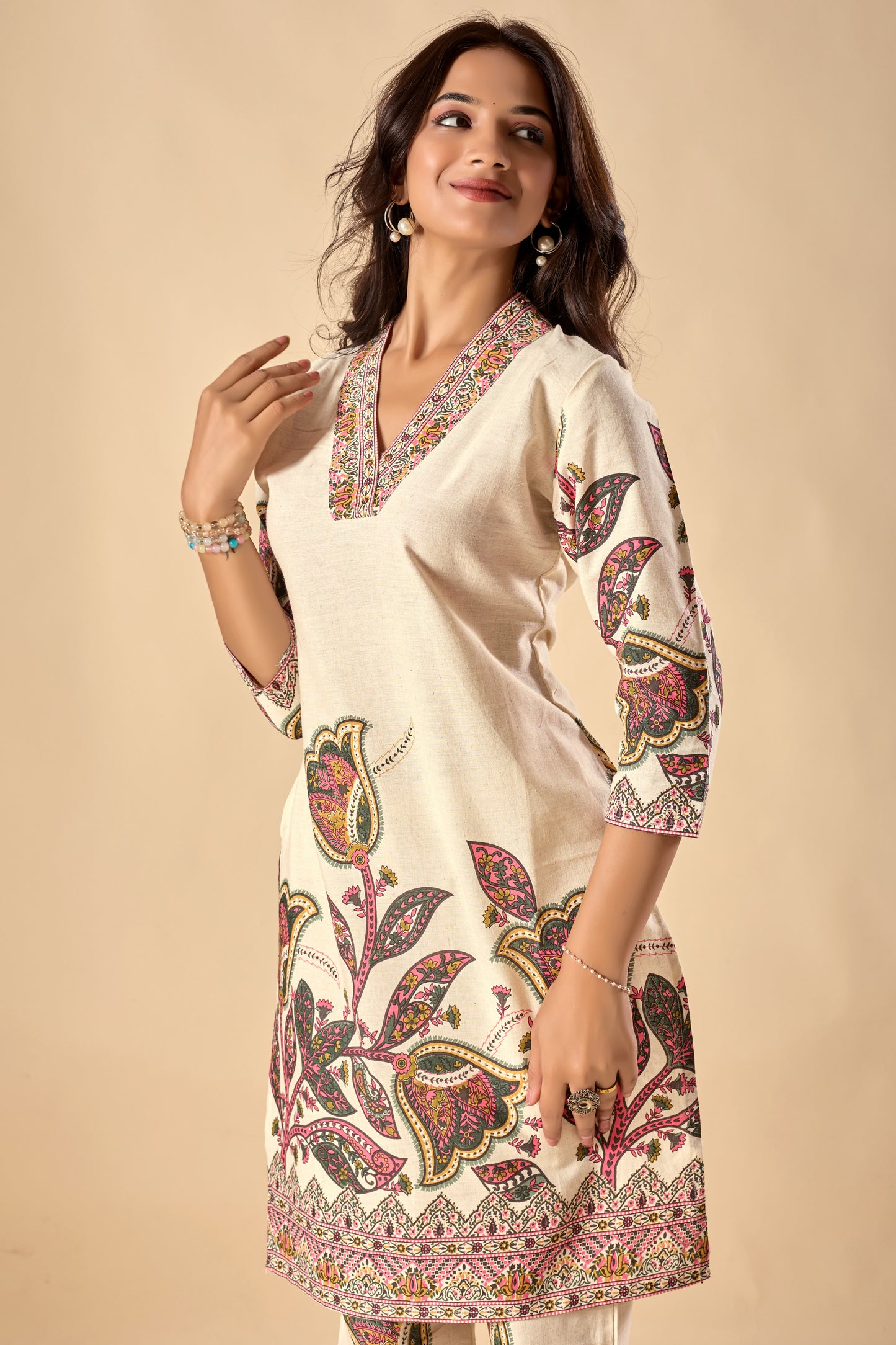 Off-White Floral Print Straight Khadi Cotton Stitched Kurta Set