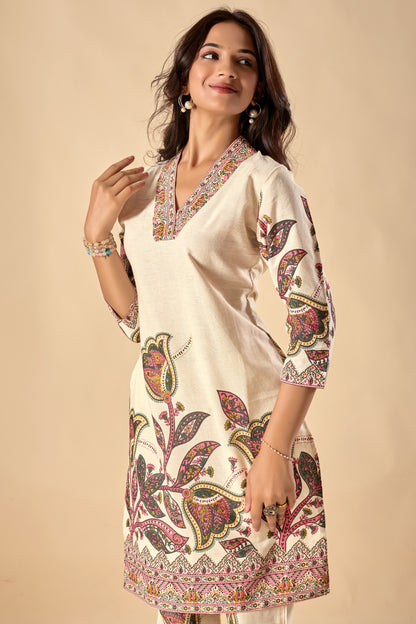 Off-White Floral Print Straight Khadi Cotton Stitched Kurta Set