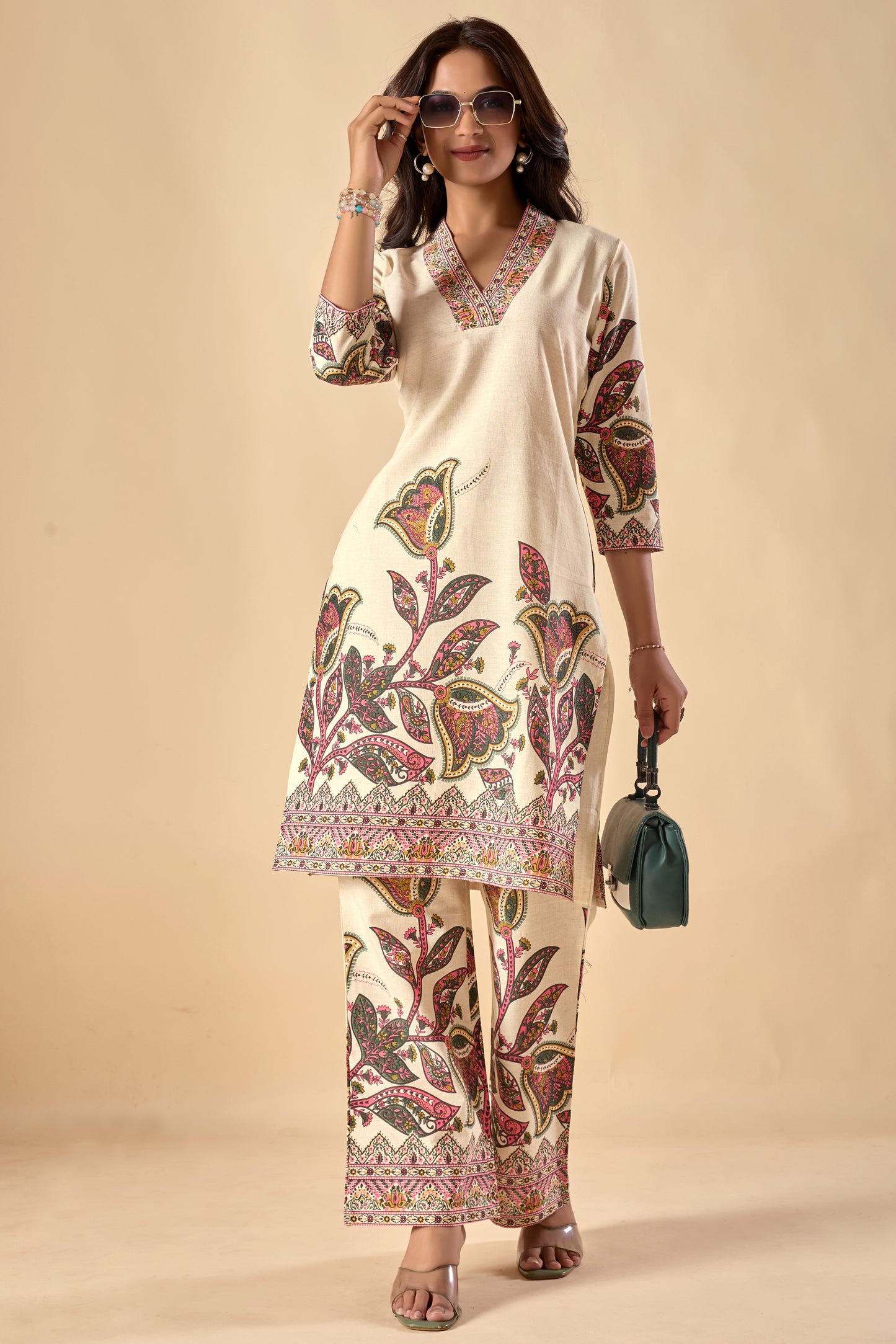 Off-White Floral Print Straight Khadi Cotton Stitched Kurta Set