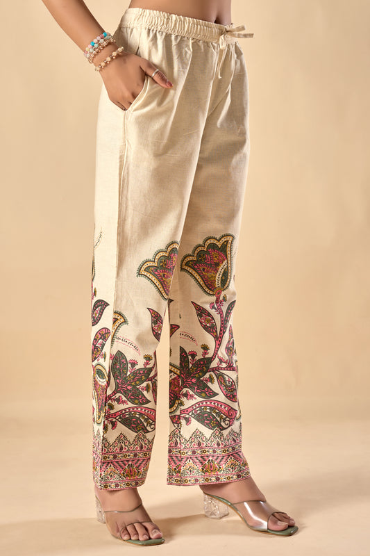 Off-White Floral Print Straight Khadi Cotton Stitched Kurta Set