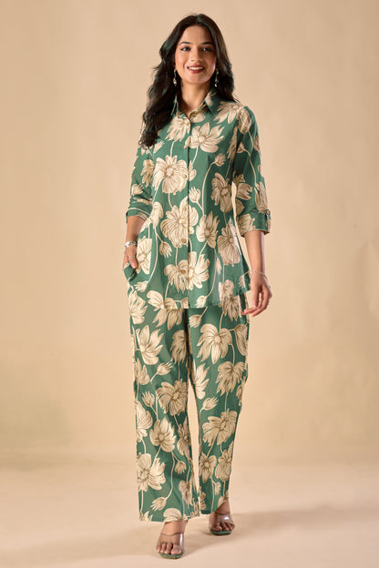Mint Green Cotton Floral Print A-Line Co-Ord Set