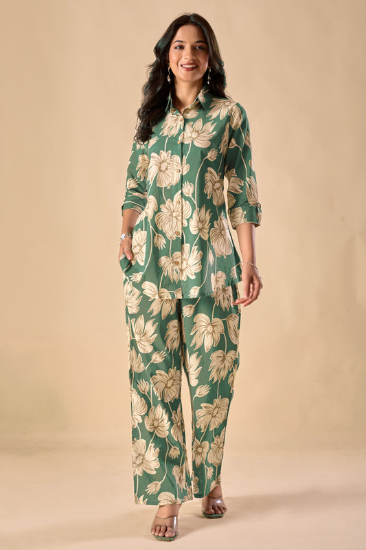 Mint Green Cotton Floral Print A-Line Co-Ord Set