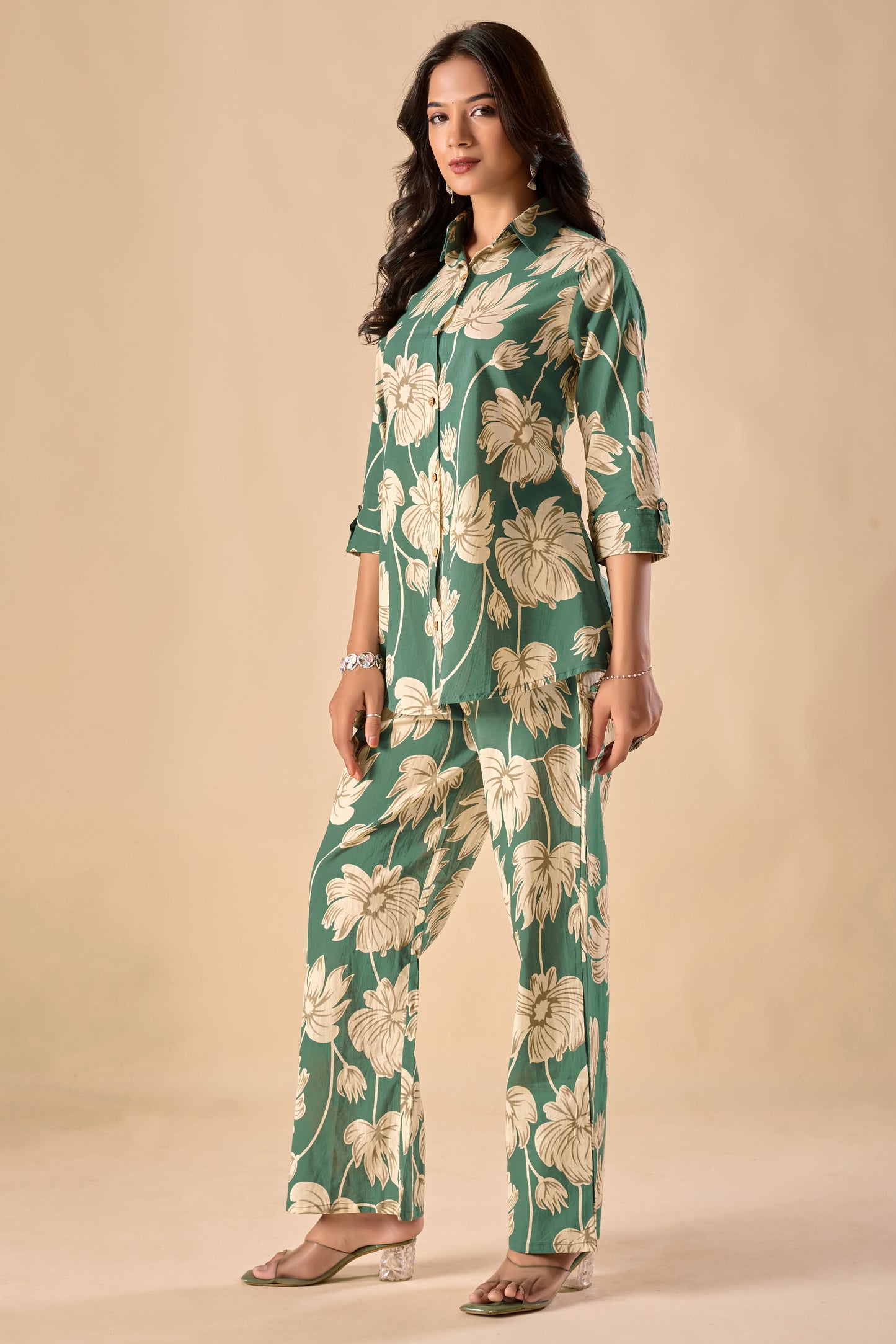 Mint Green Cotton Floral Print A-Line Co-Ord Set