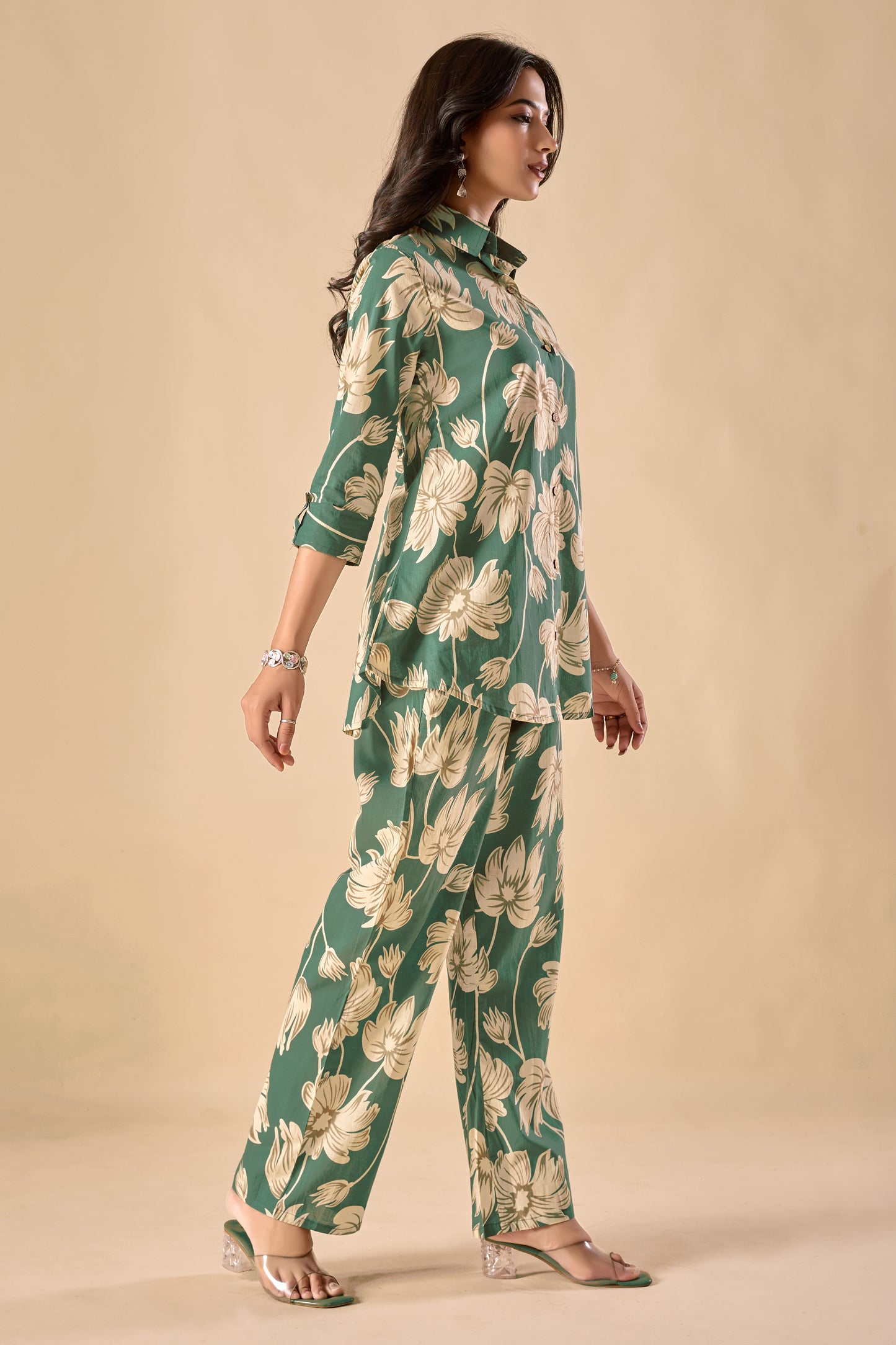 Mint Green Cotton Floral Print A-Line Co-Ord Set