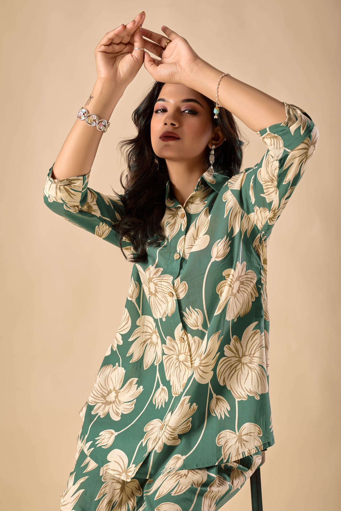 Mint Green Cotton Floral Print A-Line Co-Ord Set