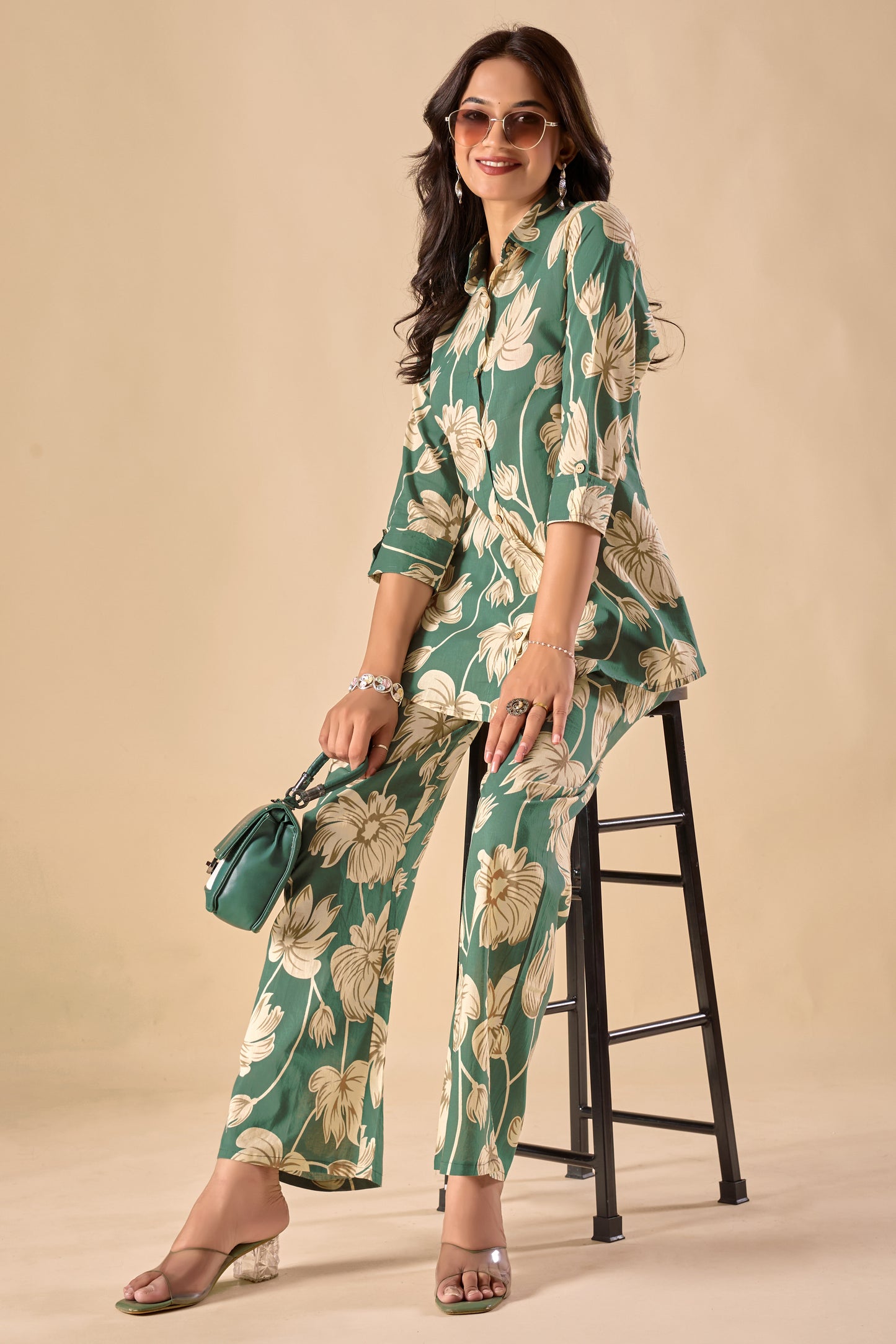 Mint Green Cotton Floral Print A-Line Co-Ord Set