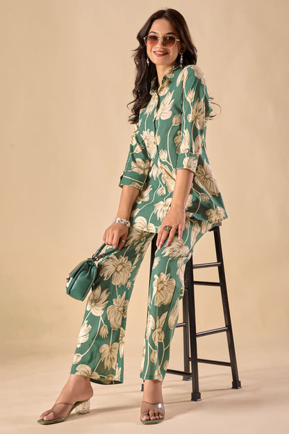 Mint Green Cotton Floral Print A-Line Co-Ord Set