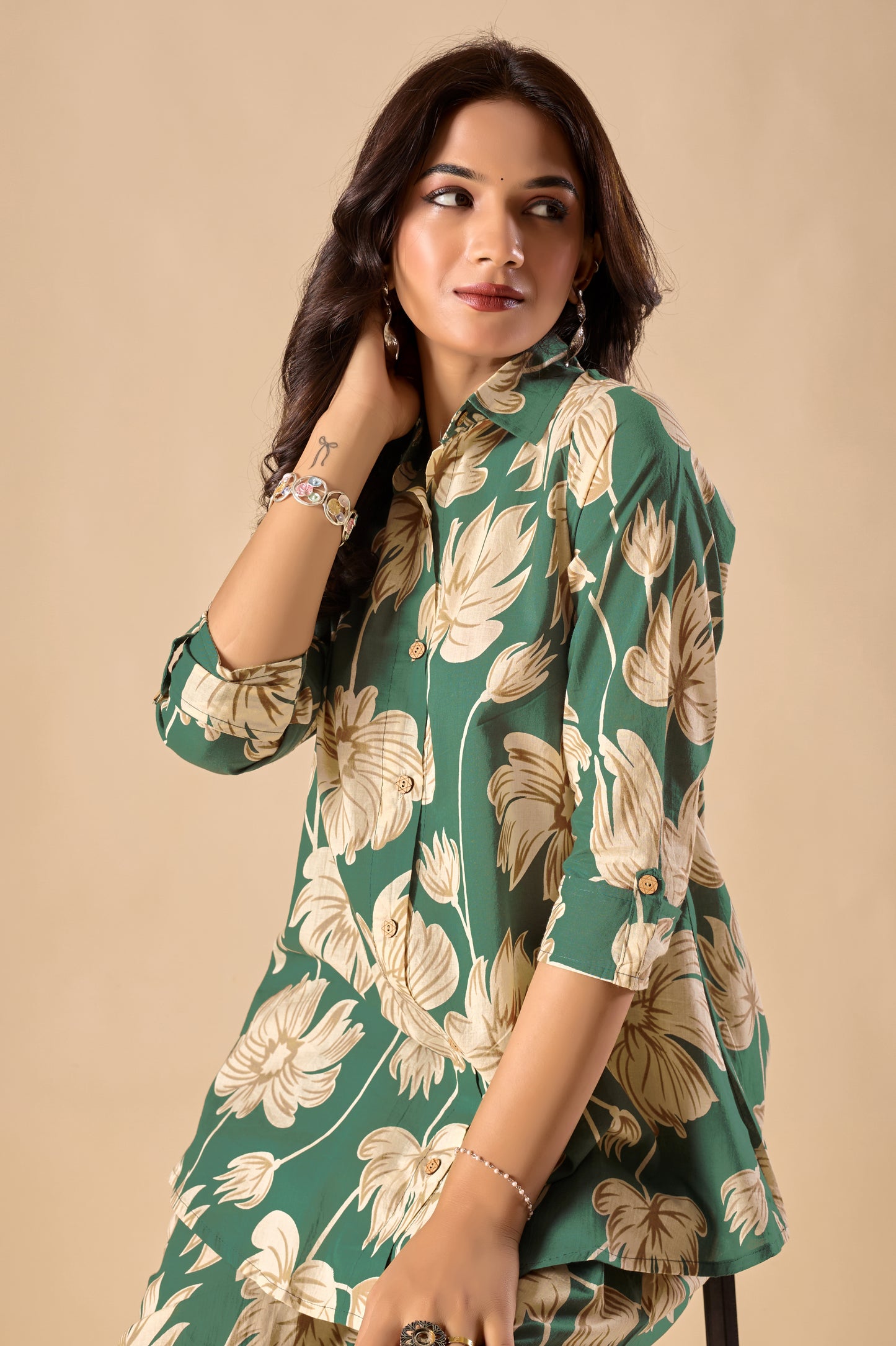 Mint Green Cotton Floral Print A-Line Co-Ord Set