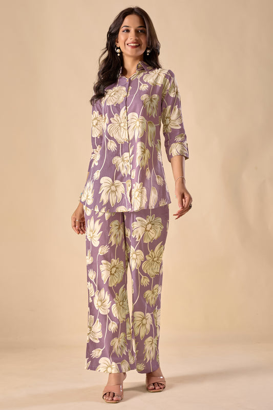 Lavender Cotton Floral Print A-Line Co-Ord Set