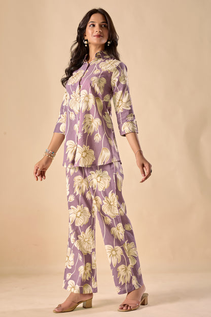 Lavender Cotton Floral Print A-Line Co-Ord Set