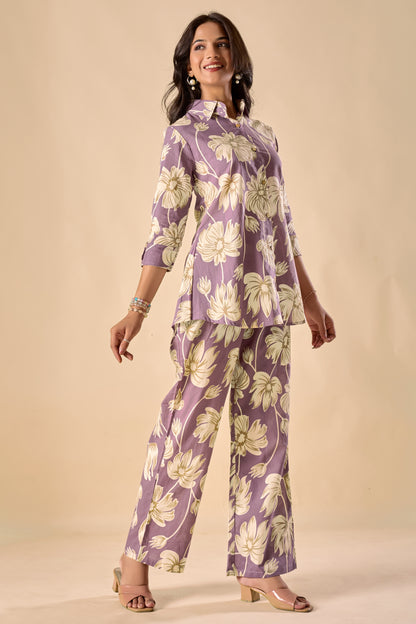Lavender Cotton Floral Print A-Line Co-Ord Set