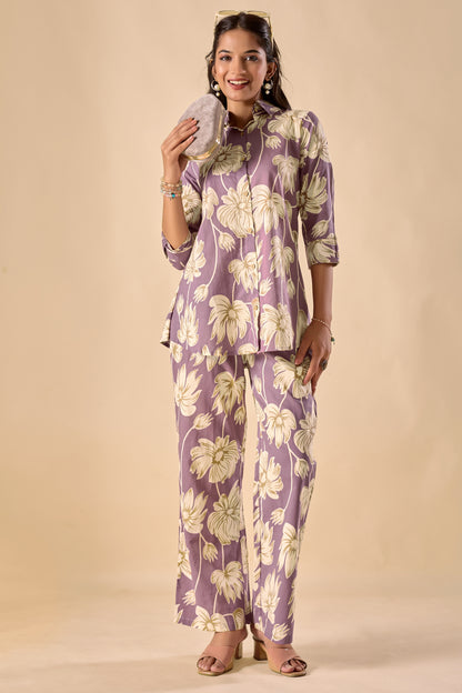 Lavender Cotton Floral Print A-Line Co-Ord Set
