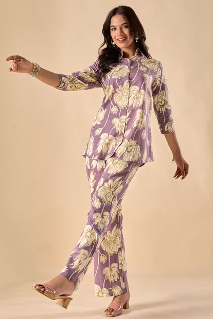 Lavender Cotton Floral Print A-Line Co-Ord Set
