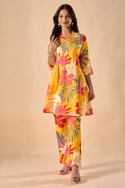 Mustard Cotton Floral Print A-Line Co-Ord Set
