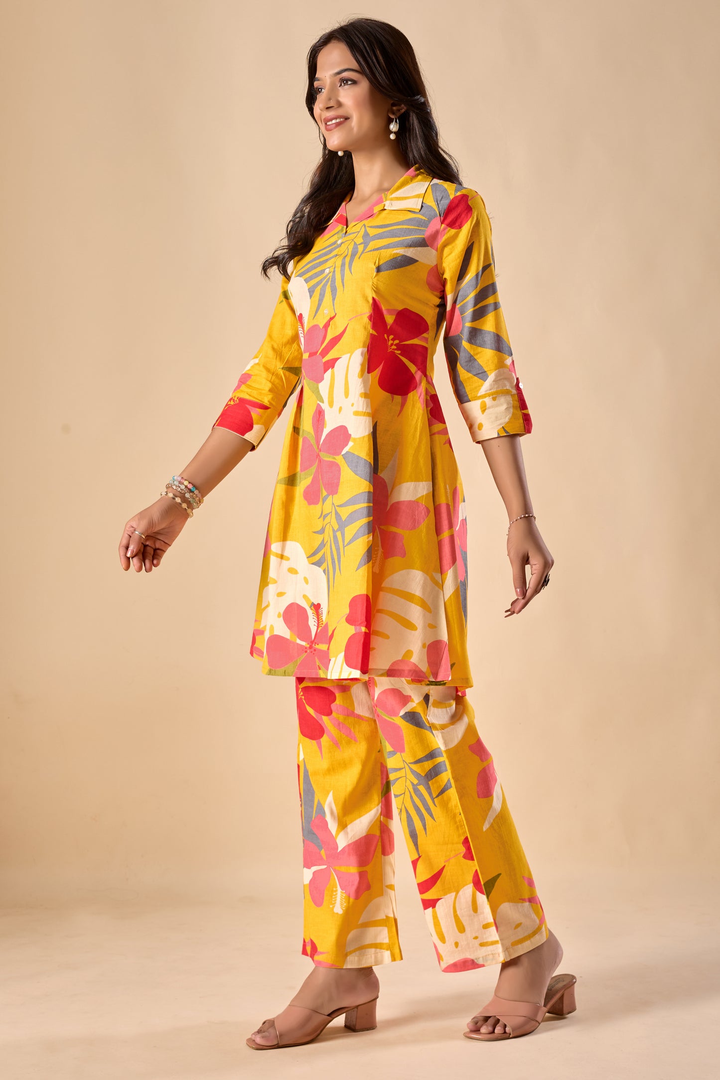 Mustard Cotton Floral Print A-Line Co-Ord Set