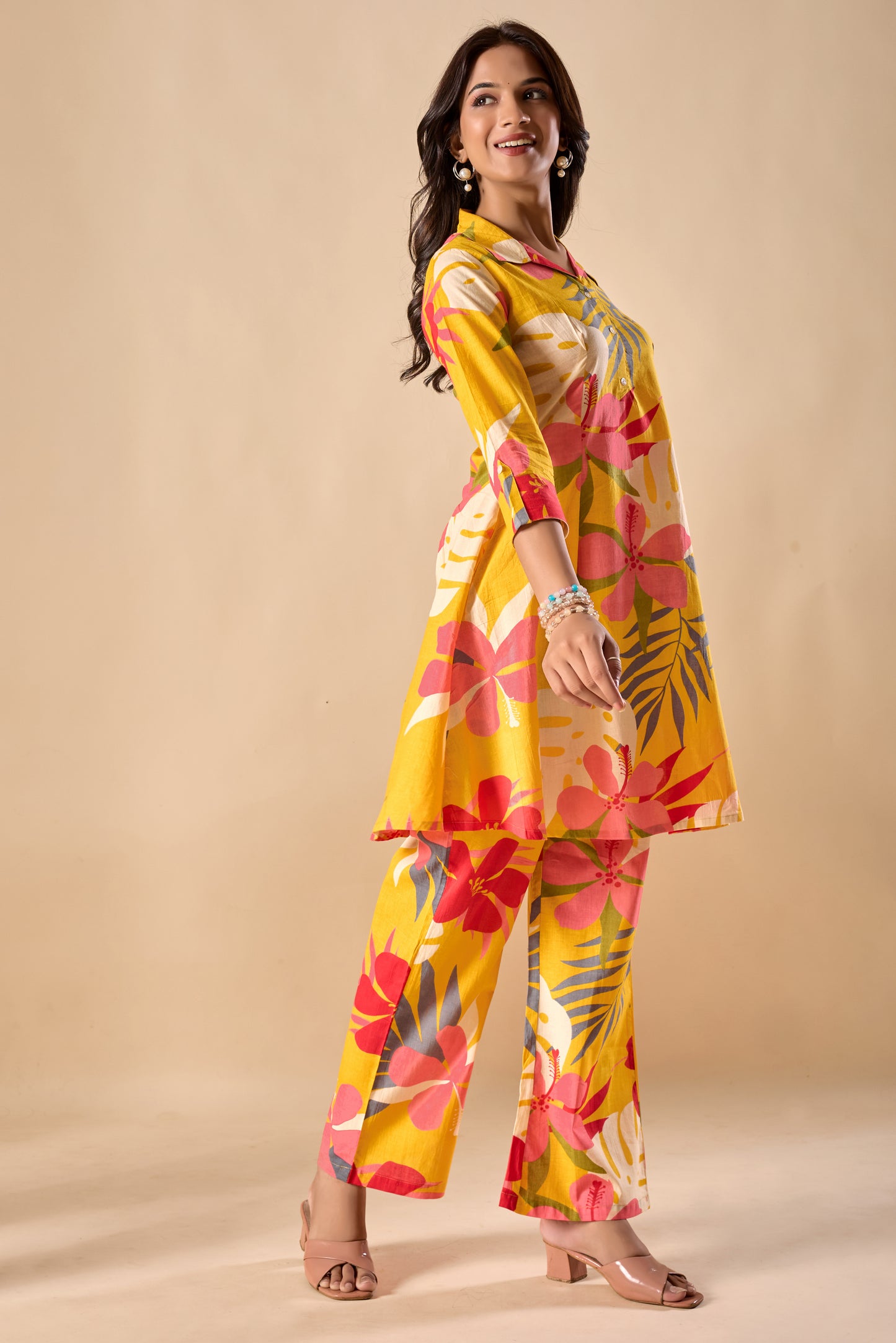 Mustard Cotton Floral Print A-Line Co-Ord Set