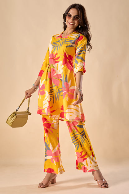 Mustard Cotton Floral Print A-Line Co-Ord Set