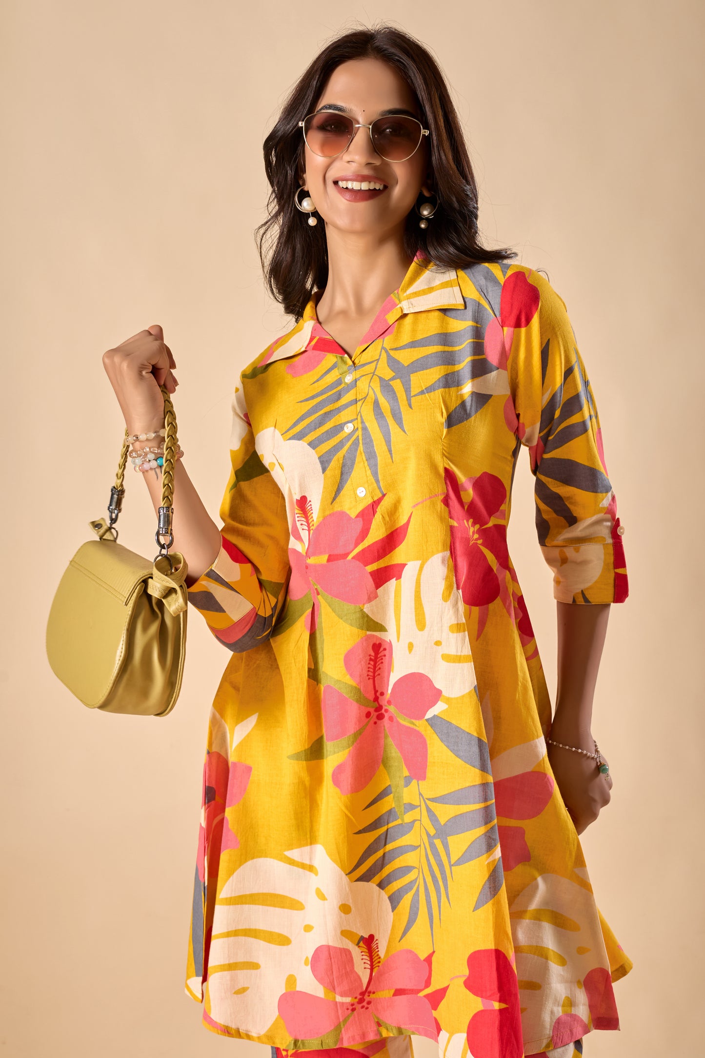 Mustard Cotton Floral Print A-Line Co-Ord Set