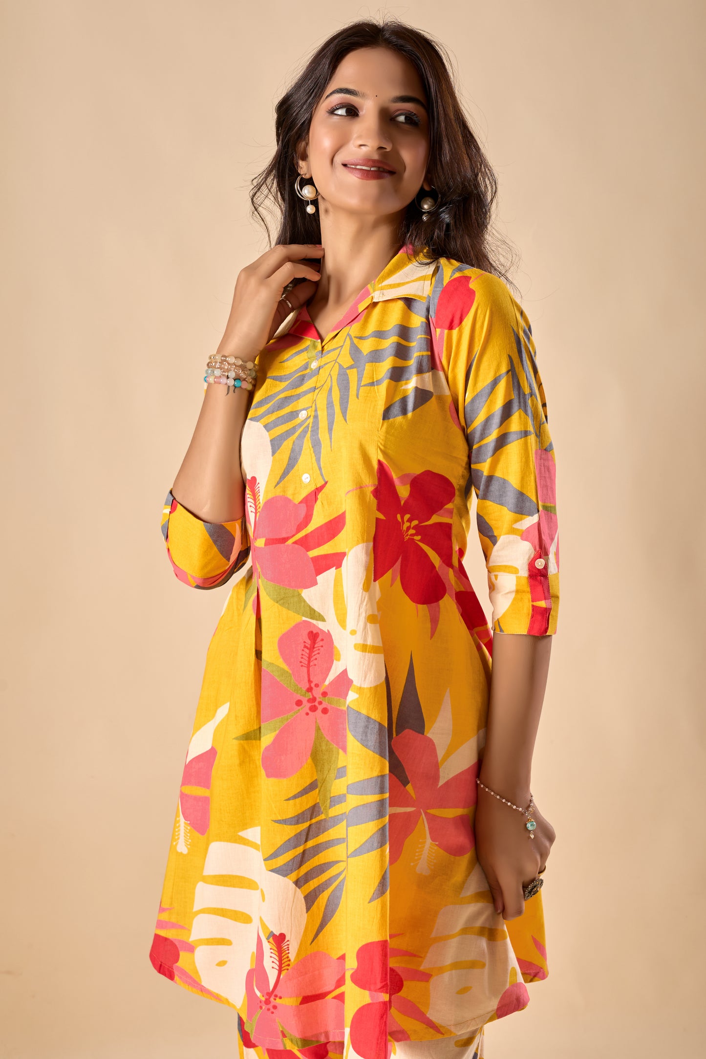 Mustard Cotton Floral Print A-Line Co-Ord Set