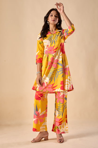 Mustard Cotton Floral Print A-Line Co-Ord Set