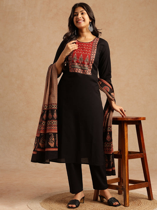 Black Solid Straight Cotton Stitched Kurta Set