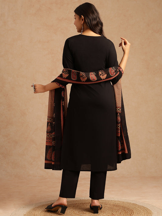 Black Solid Straight Cotton Stitched Kurta Set