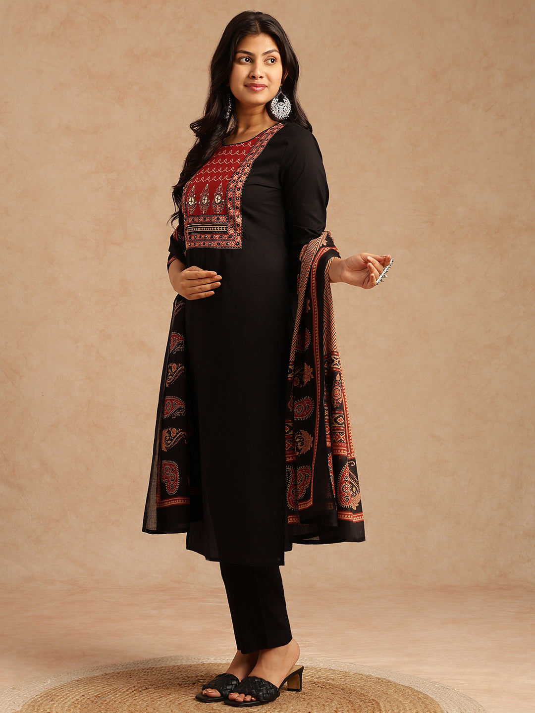 Black Solid Straight Cotton Stitched Kurta Set