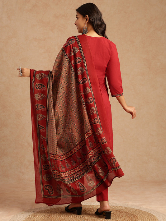 Maroon Solid Straight Cotton Stitched Kurta Set