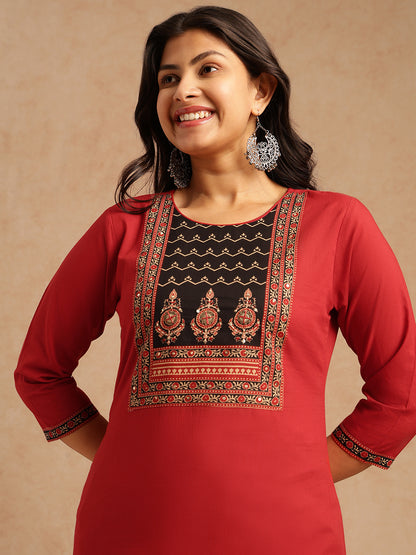 Maroon Solid Straight Cotton Stitched Kurta Set