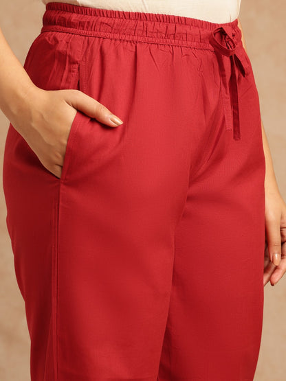 Maroon Solid Straight Cotton Stitched Kurta Set