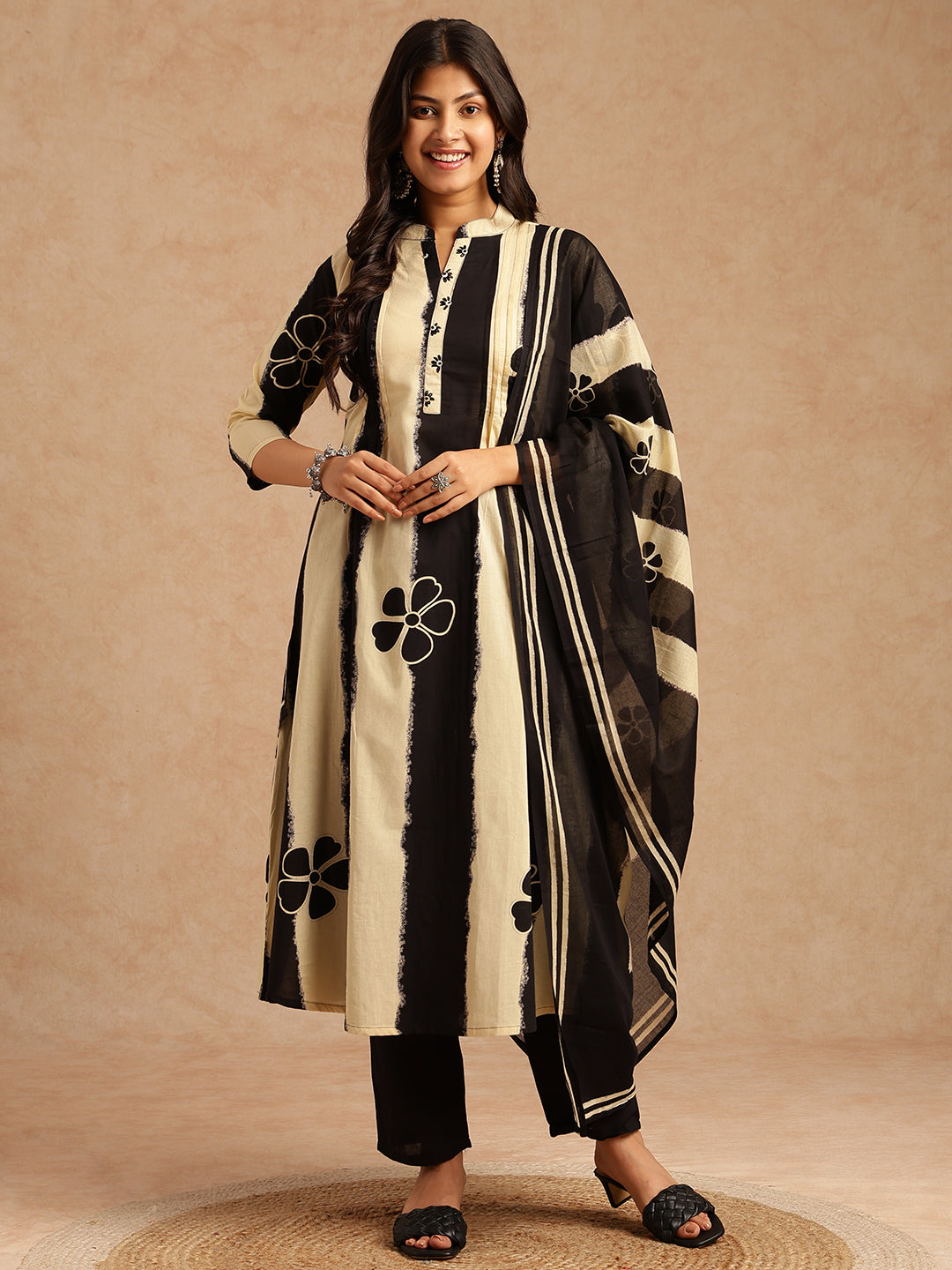 Black Tie And Dye A-Line Cotton Stitched Kurta Set