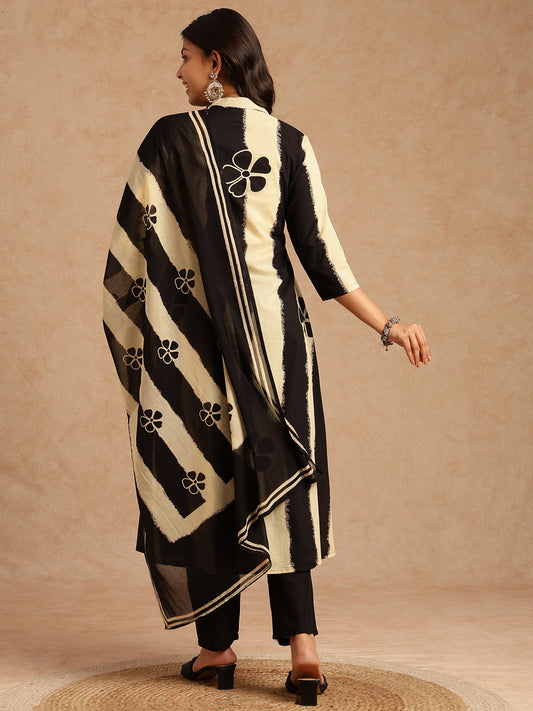 Black Tie And Dye A-Line Cotton Stitched Kurta Set