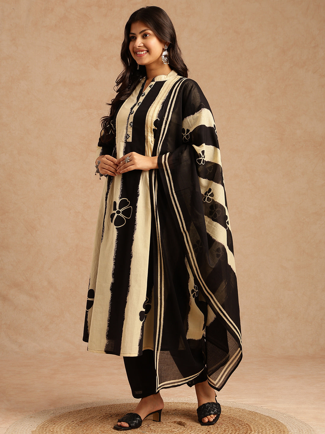 Black Tie And Dye A-Line Cotton Stitched Kurta Set